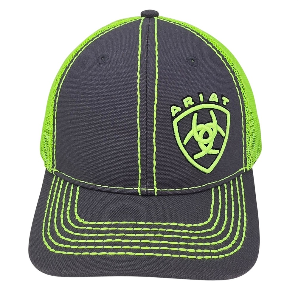 Ariat Shield‎ Logo Trucker Hat Mens OSFM Grey Neon Green Mesh Snapback Work Cap